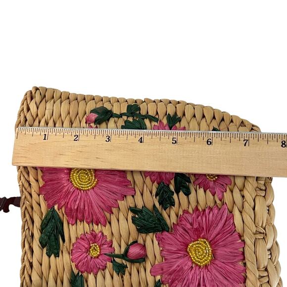 Woven Straw Purse Shoulder Bag Purse Embroidered Pink Flowers 10x7x5 in New - Picture 7 of 8